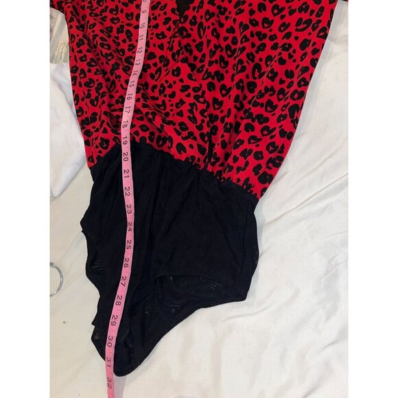 Lucy Paris Red/Black Leopard Print Long Sleeve Deep V-Neck Bodysuit Women's S - Picture 7 of 11